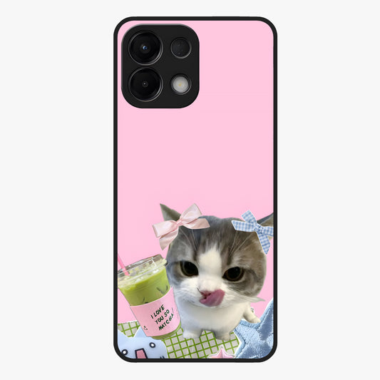 Love Matcha Cat Glass Case showing flat back view with cute cat and matcha themed artwork and glossy glass finish.