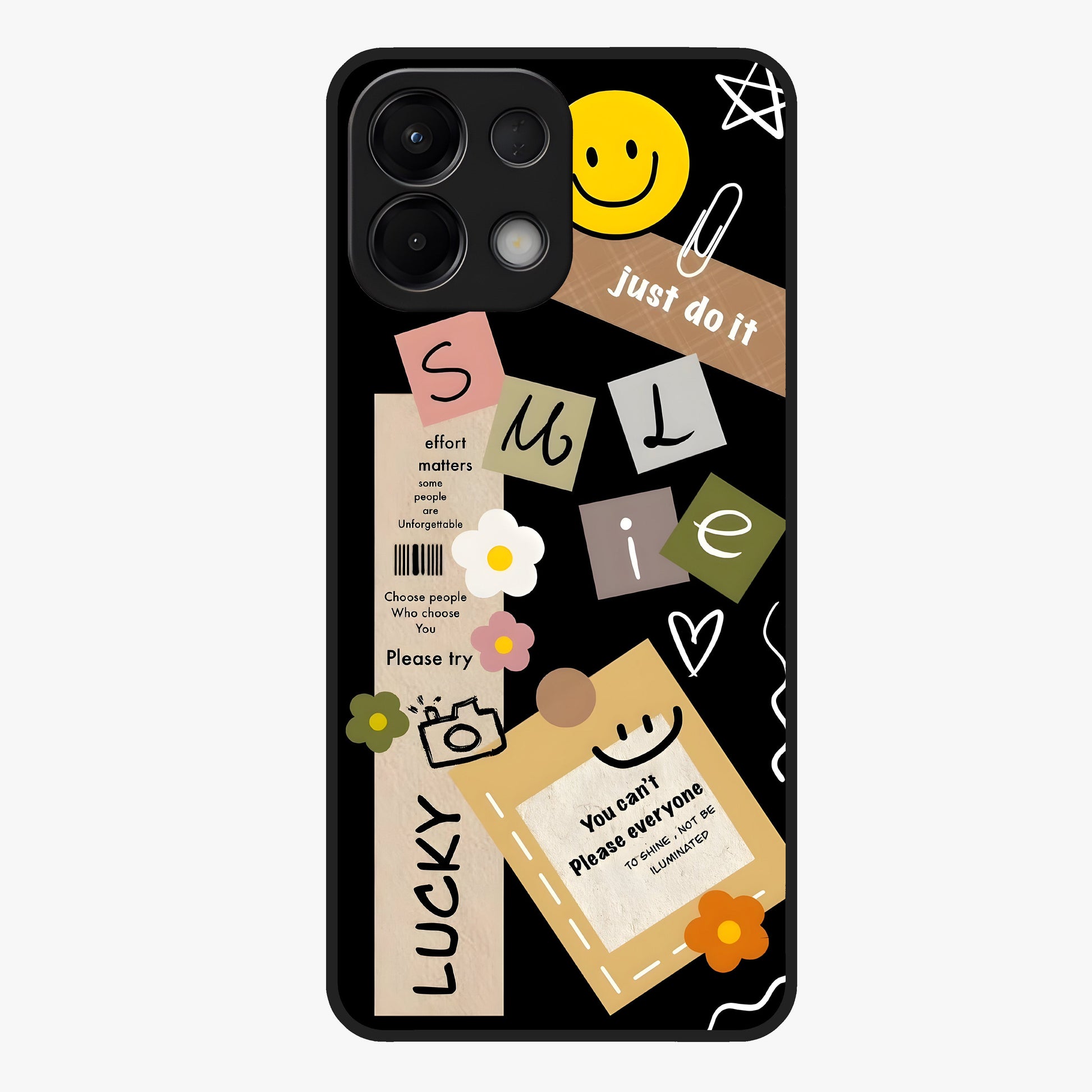 Lucky Aesthetic Collage Glass Case showing flat back view with trendy aesthetic collage artwork and glossy glass finish.