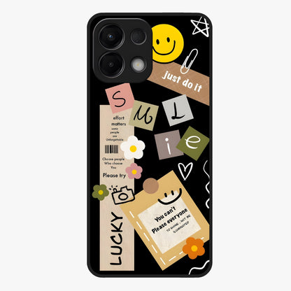 Lucky Aesthetic Collage Glass Case showing flat back view with trendy aesthetic collage artwork and glossy glass finish.