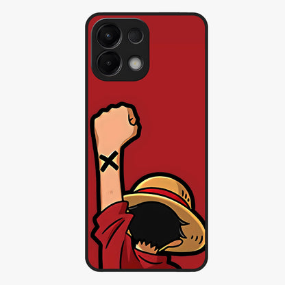 Luffy X Spirit Glass Case showing flat back view with bold anime character artwork and glossy glass finish.