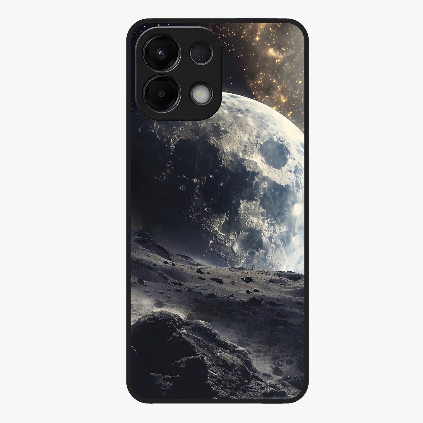 Lunar Horizon Glow Glass Case showing flat back view with glowing moon horizon artwork and glossy glass finish.