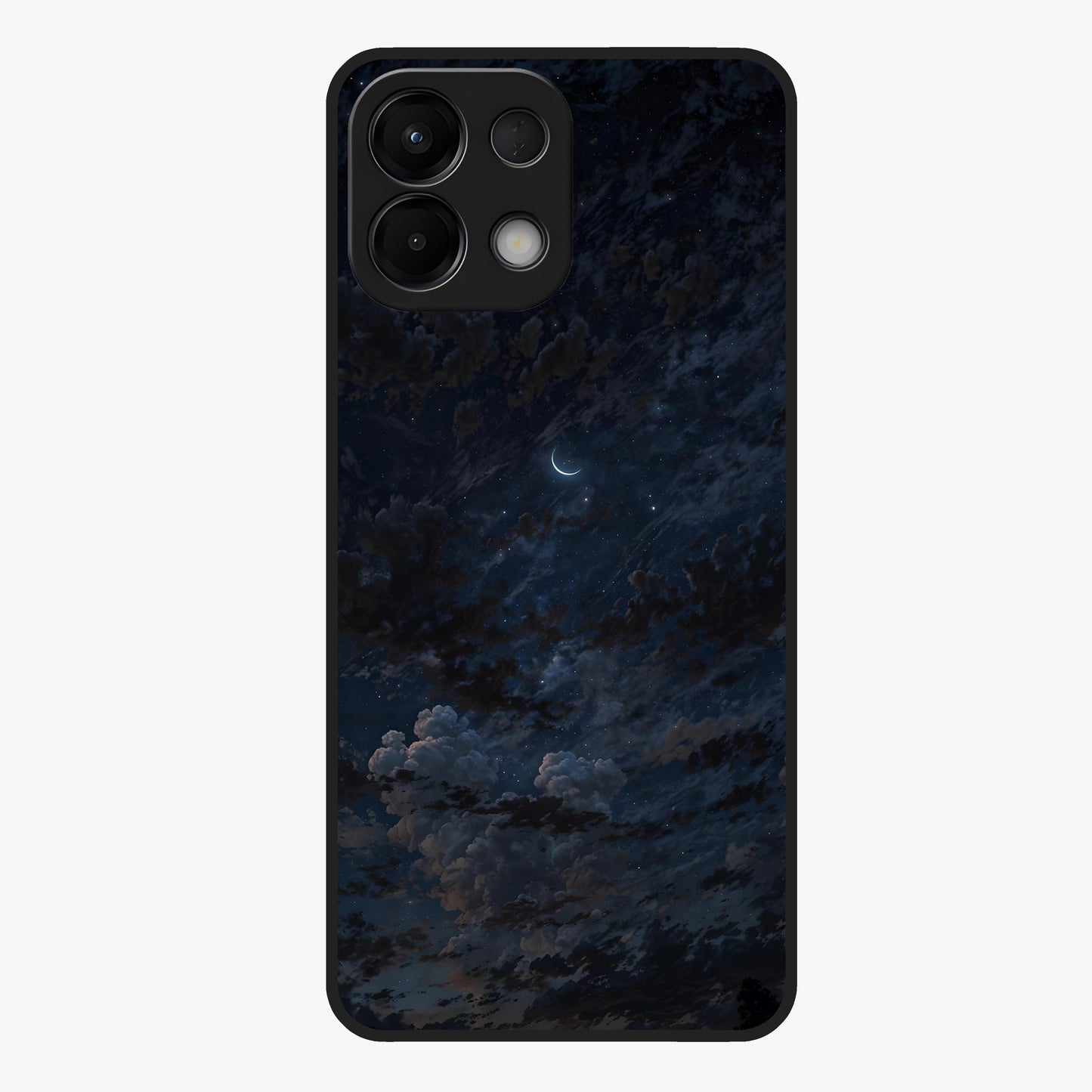 Lunar Veil Silence Glass Case showing flat back view with mystical moon veil artwork and glossy glass finish.