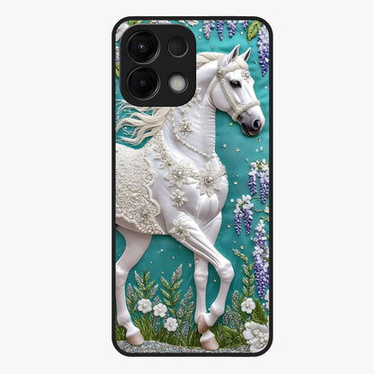 Majestic Floral Stallion Glass Case showing flat back view with powerful horse and floral artwork and glossy glass finish.