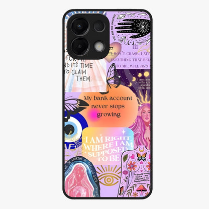 Manifestation Collage Glass Case showing flat back view with motivational collage artwork and glossy glass finish.