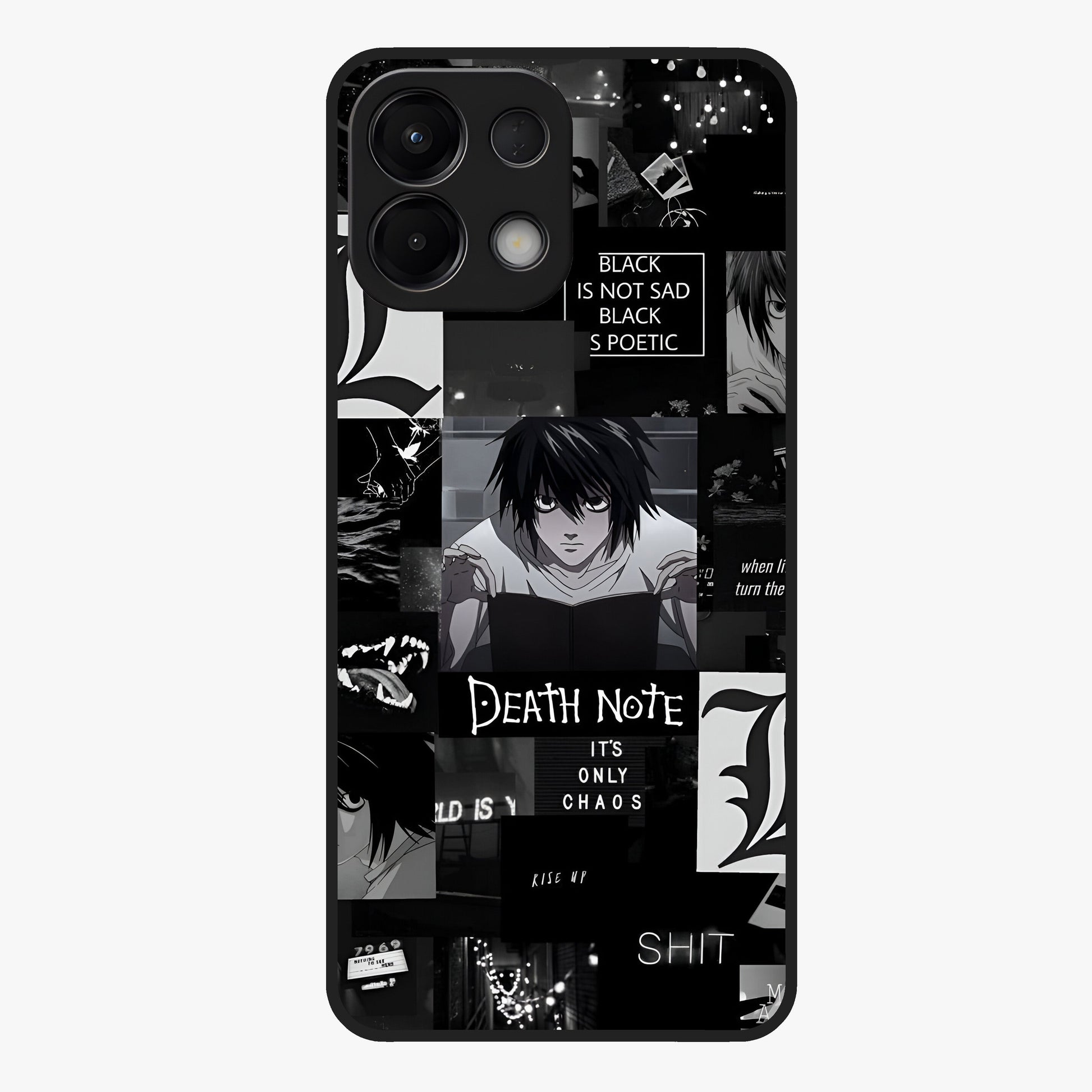 Midnight Chaos Mind Glass Case showing flat back view with abstract dark themed artwork and glossy glass finish.