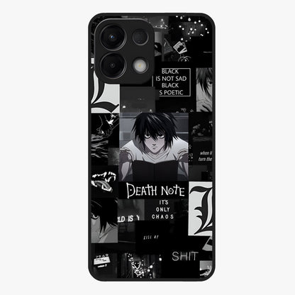 Midnight Chaos Mind Glass Case showing flat back view with abstract dark themed artwork and glossy glass finish.