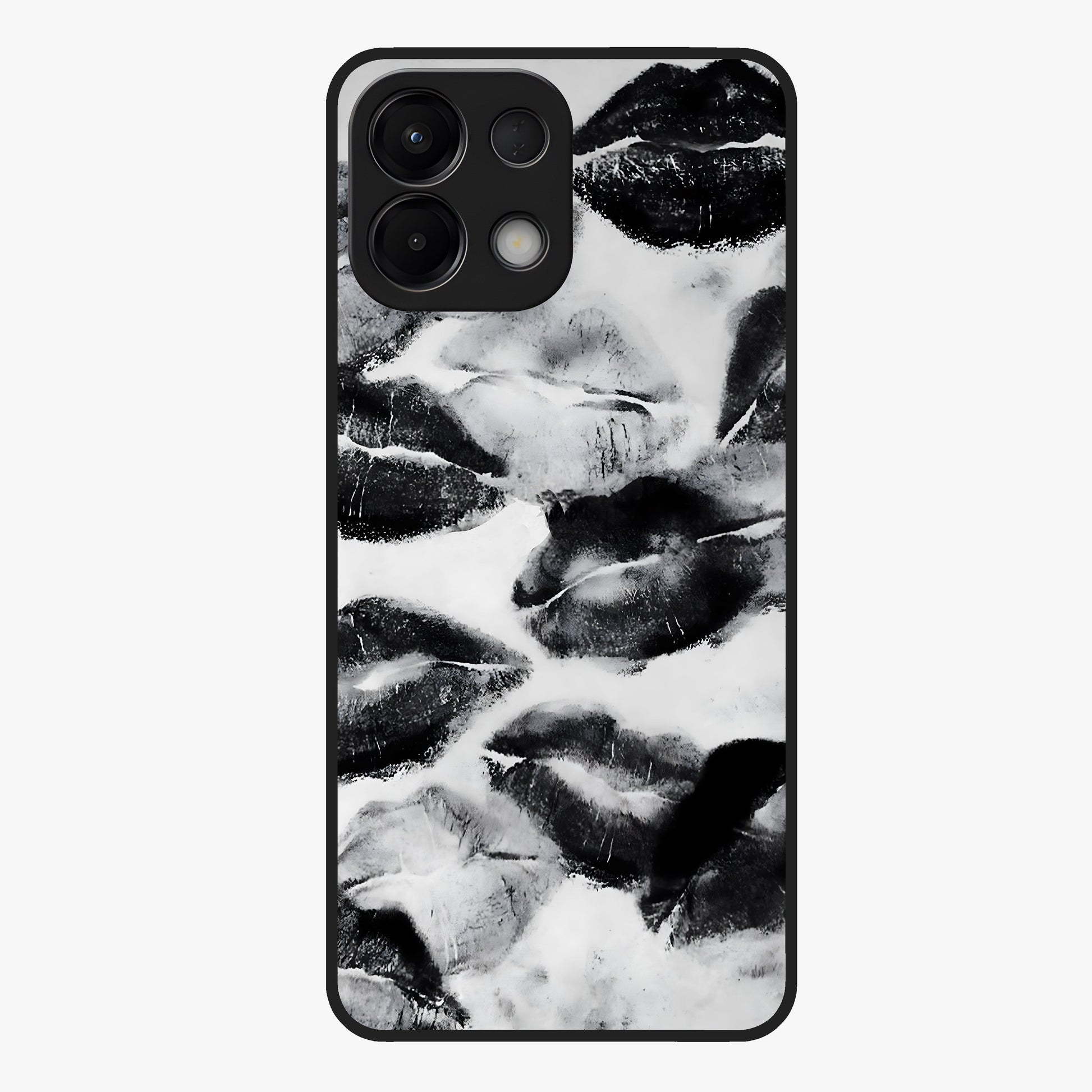 Midnight Kiss Marks Glass Case showing flat back view with lipstick kiss mark artwork and glossy glass finish.