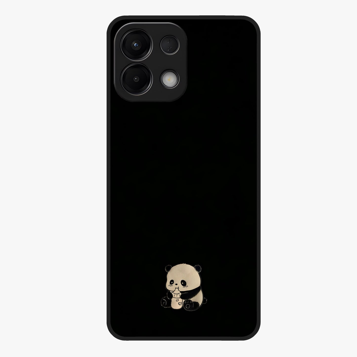 Midnight Panda Love Glass Case showing flat back view with cute panda themed artwork and glossy glass finish.