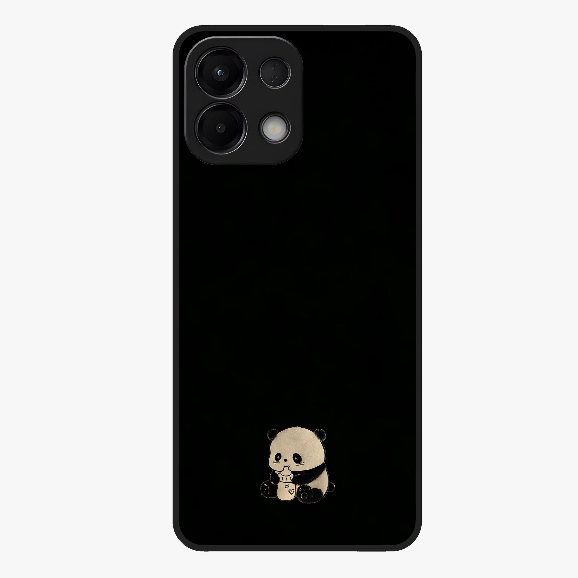 Midnight Panda Love Glass Case showing flat back view with cute panda themed artwork and glossy glass finish.