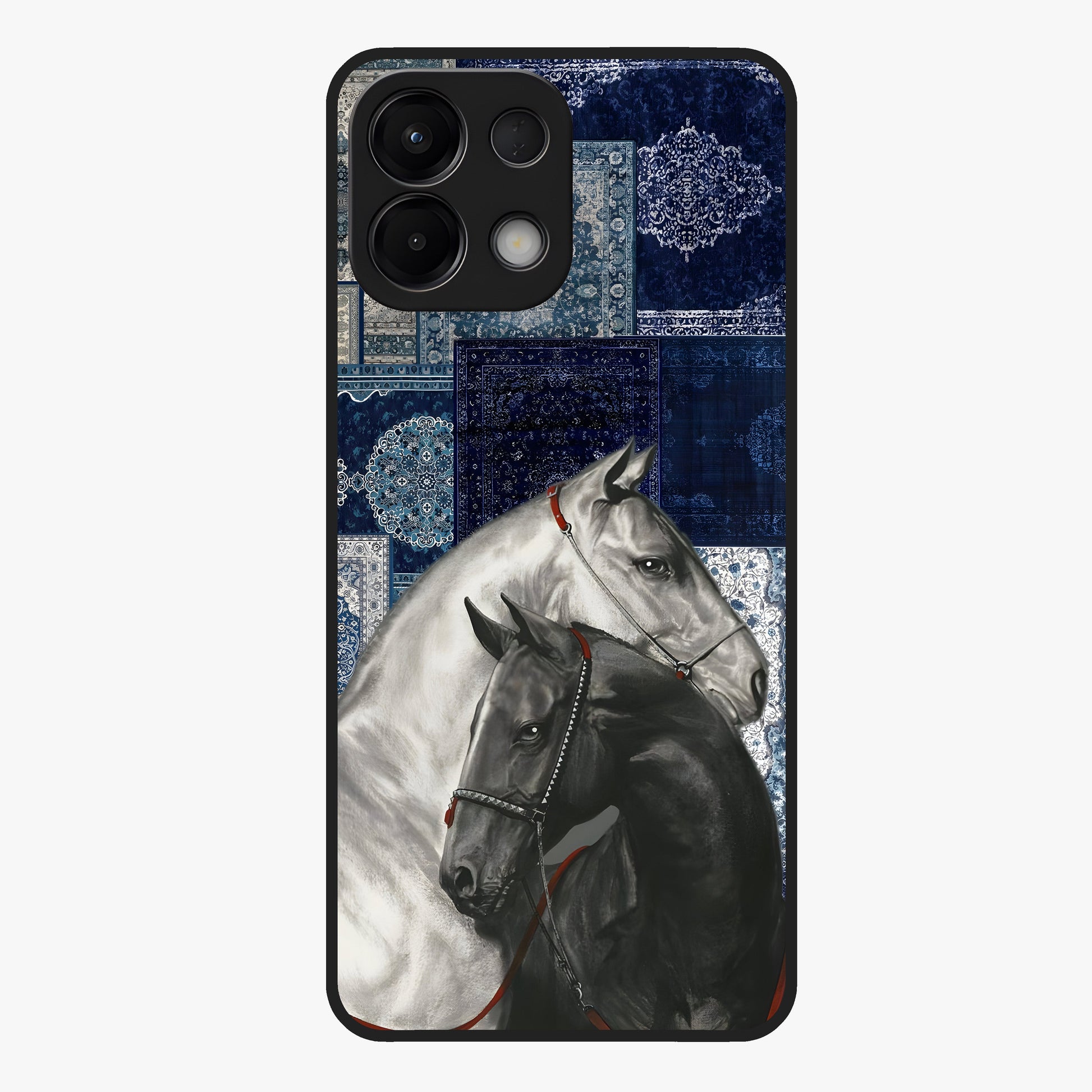 Midnight Stallion Blues Glass Case showing flat back view with majestic horse artwork and glossy glass finish.