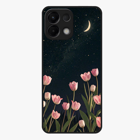 Midnight Tulip Whispers Vibe Glass Case showing flat back view with elegant tulip flower artwork and glossy glass finish.