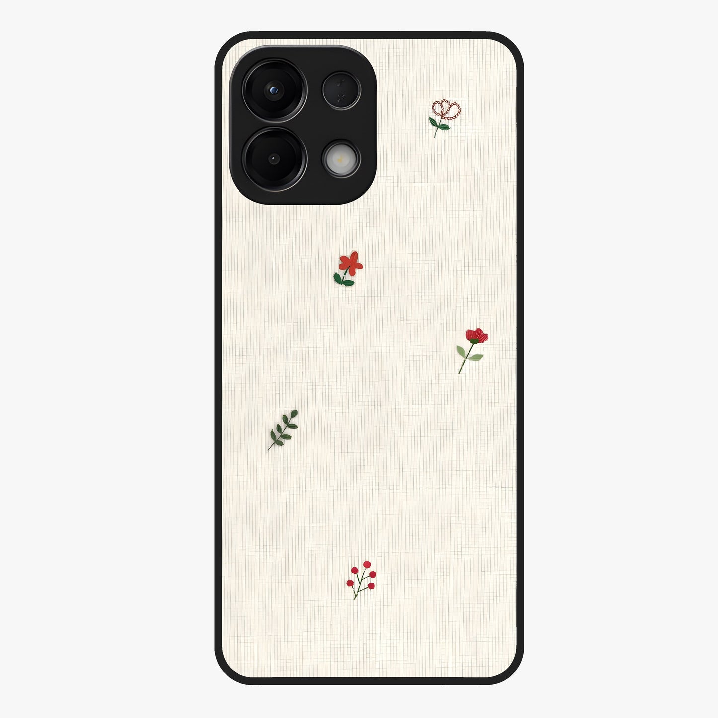 Minimal Petal Whispers Glass Case showing flat back view with soft minimal floral artwork and glossy glass finish.