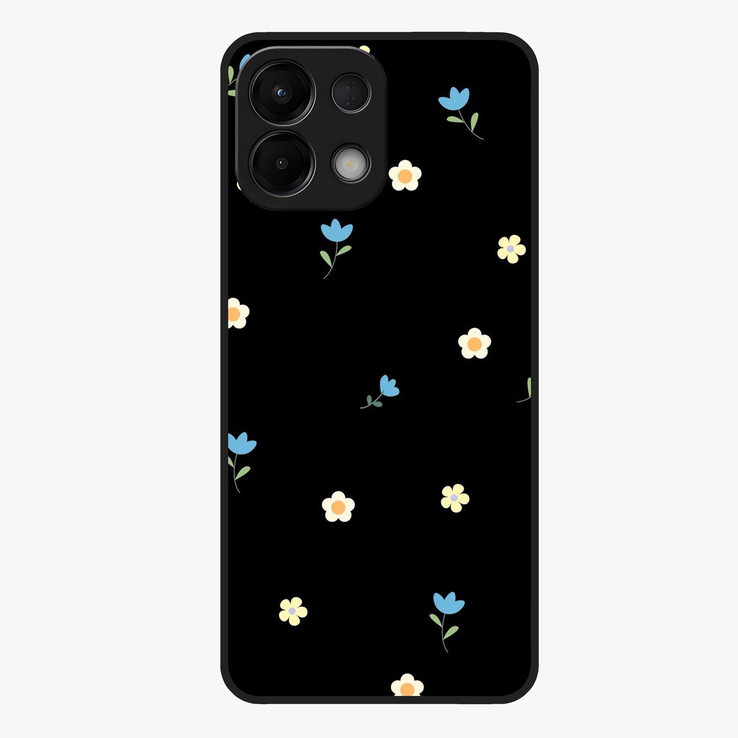 Minimalistic Blue With White Flower Pattern Glass Case showing flat back view with blue background and white flower pattern and glossy glass finish.