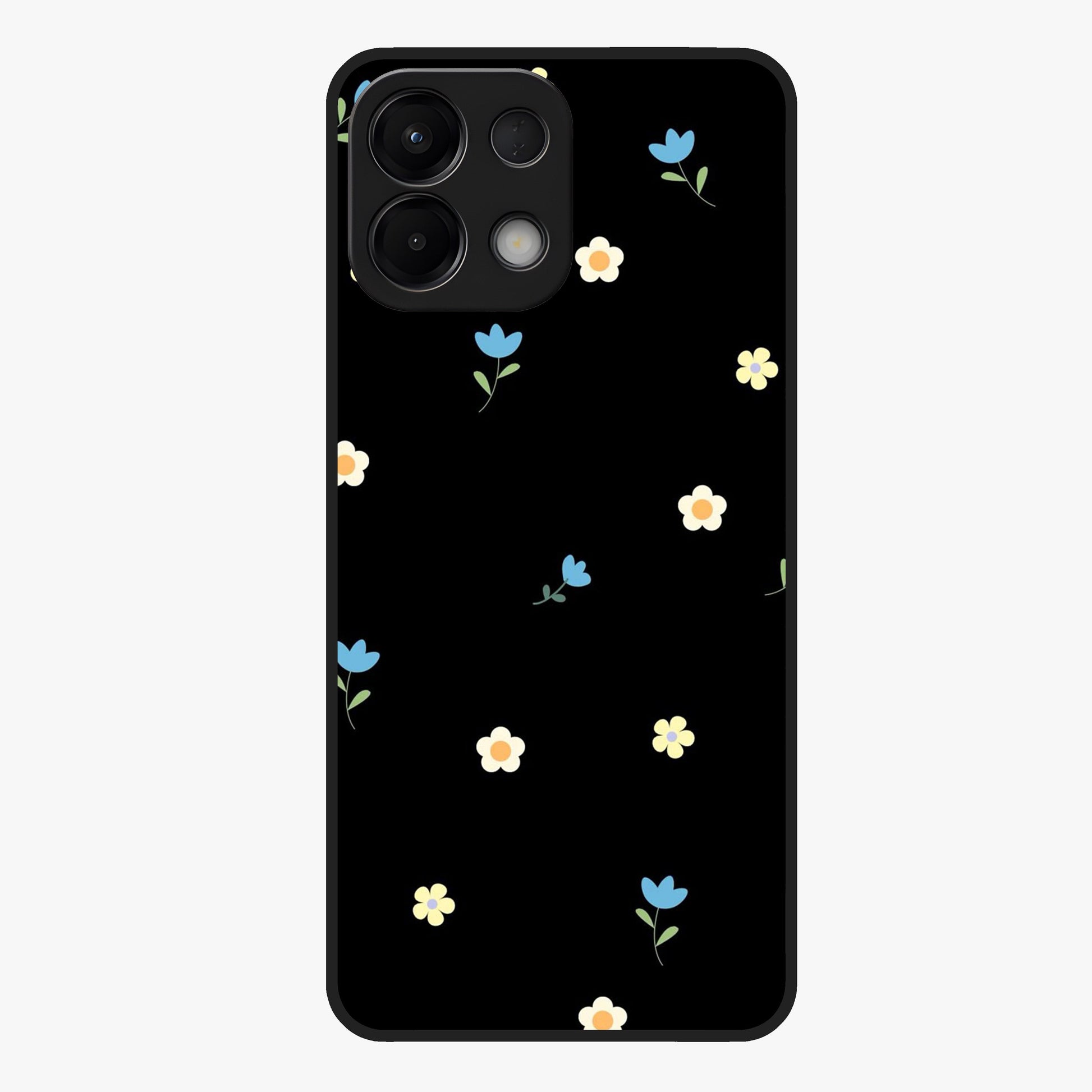 Minimalistic Blue With White Flower Pattern Glass Case showing flat back view with blue background and white flower pattern and glossy glass finish.