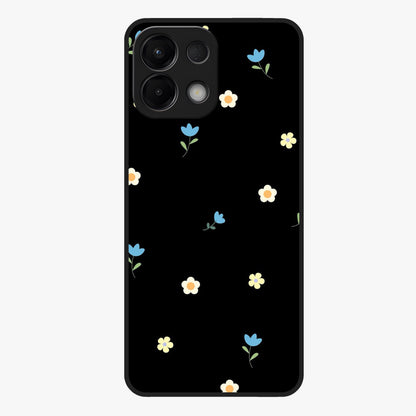 Minimalistic Blue With White Flower Pattern Glass Case showing flat back view with blue background and white flower pattern and glossy glass finish.