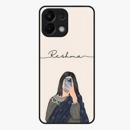 Mirror Mood Muse With Custom Name Glass Case showing flat back view with stylish mirrored artwork and personalized name design.