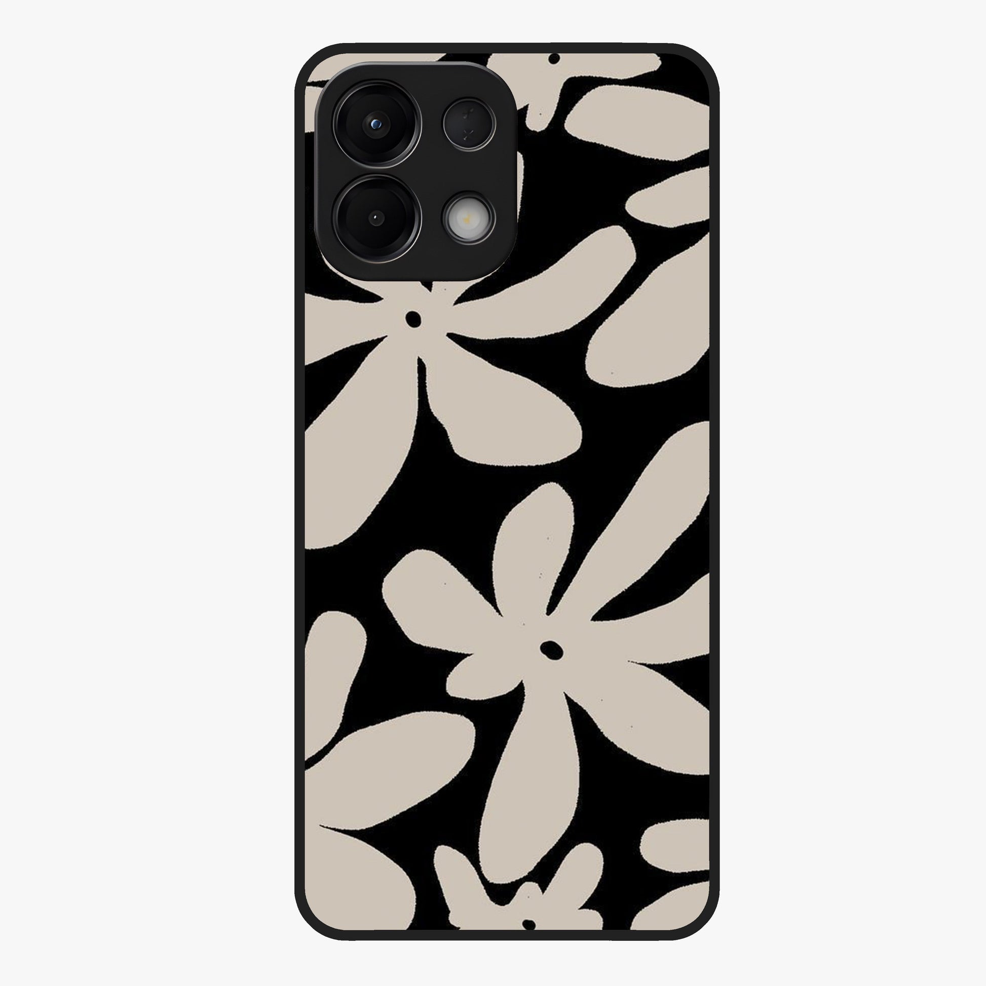 Monochrome Petal Dance Glass Case showing flat back view with monochrome floral artwork and glossy glass finish.