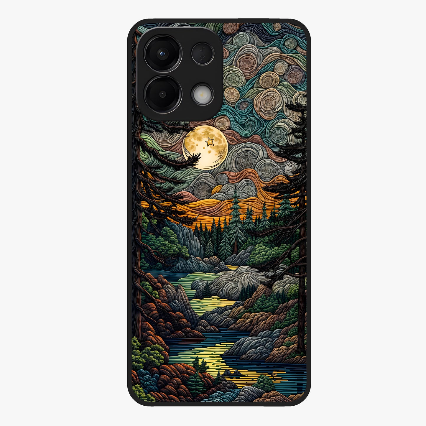 Moonlight Forest Dream Glass Case showing flat back view with mystical forest moonlight artwork and glossy glass finish.