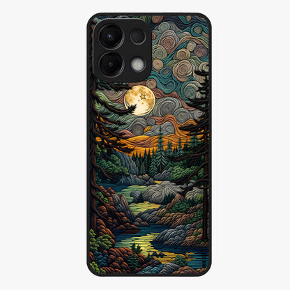 Moonlight Forest Dream Glass Case showing flat back view with mystical forest moonlight artwork and glossy glass finish.