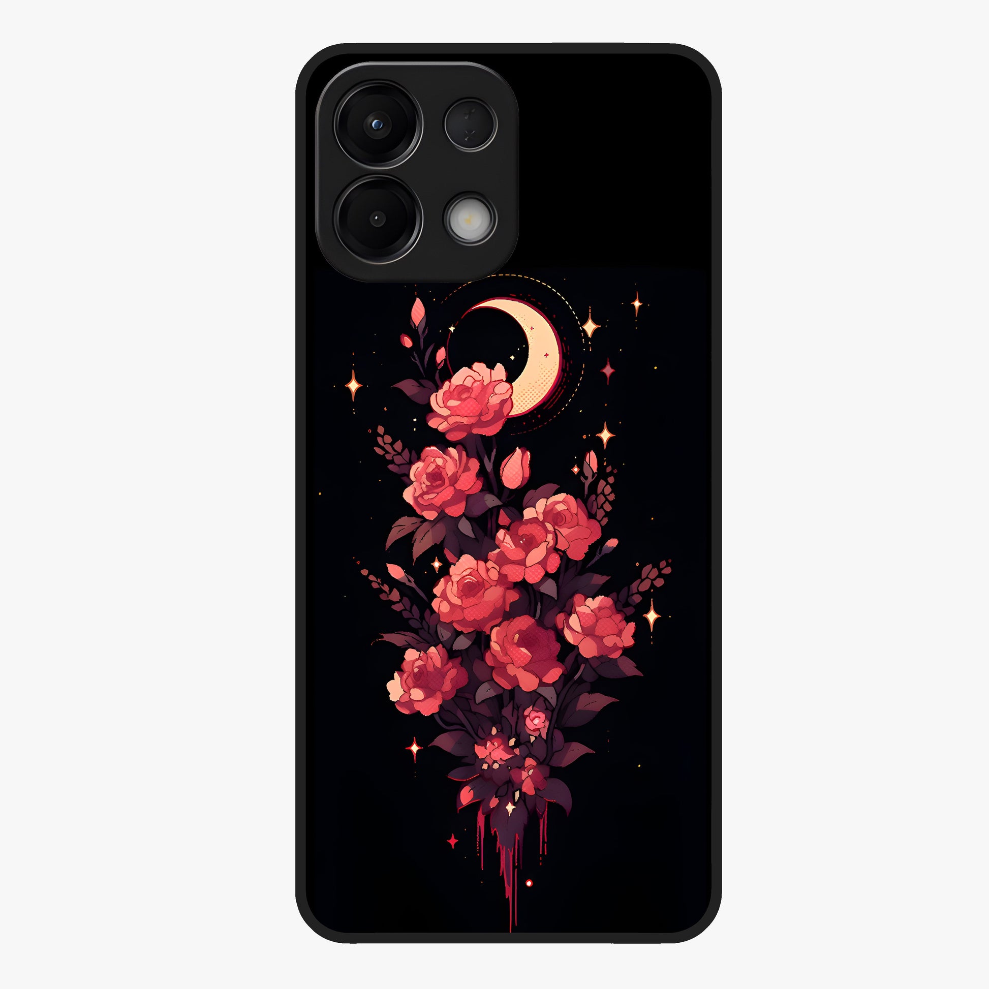 Moonlit Floral Elegance Glass Case showing flat back view with elegant floral artwork under moonlit tones and glossy glass finish.