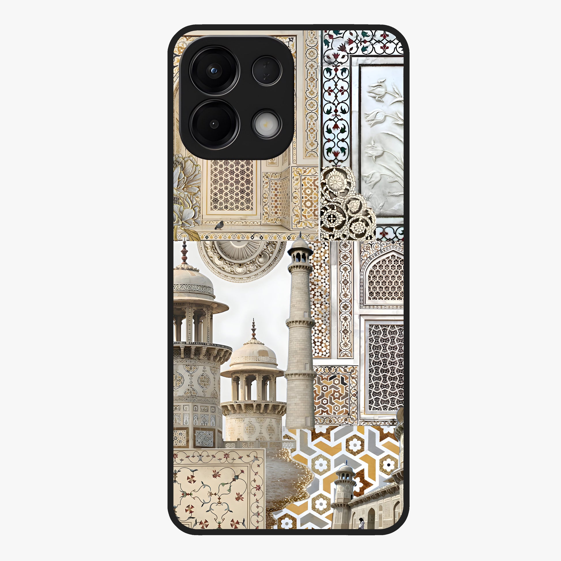 Mughal Marble Legacy Glass Case showing flat back view with intricate Mughal inspired marble pattern and glossy glass finish.