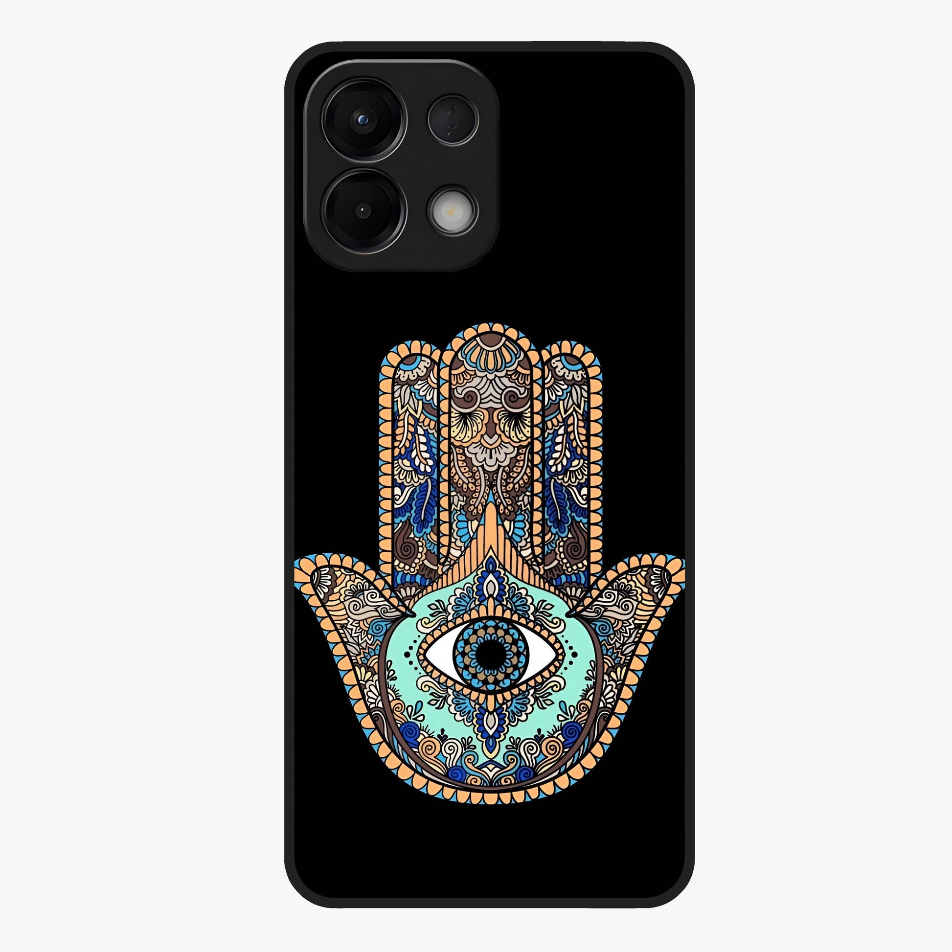 Mystic Hamsa Eye Glass Case showing flat back view with protective hamsa hand and evil eye artwork and glossy glass finish.