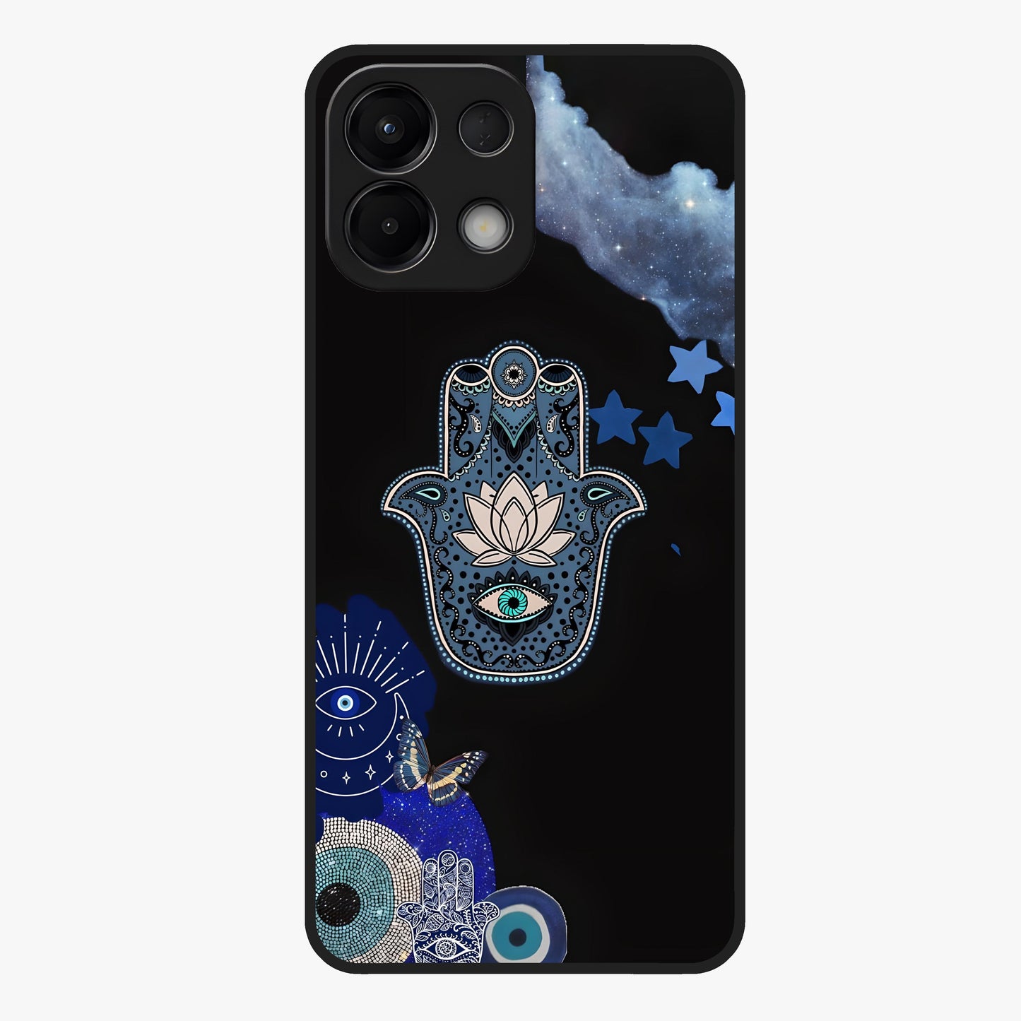 Mystic Hand Aura Glass Case showing flat back view with mystical hand symbol artwork and glossy glass finish.