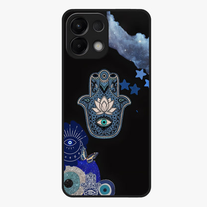 Mystic Hand Aura Glass Case showing flat back view with mystical hand symbol artwork and glossy glass finish.