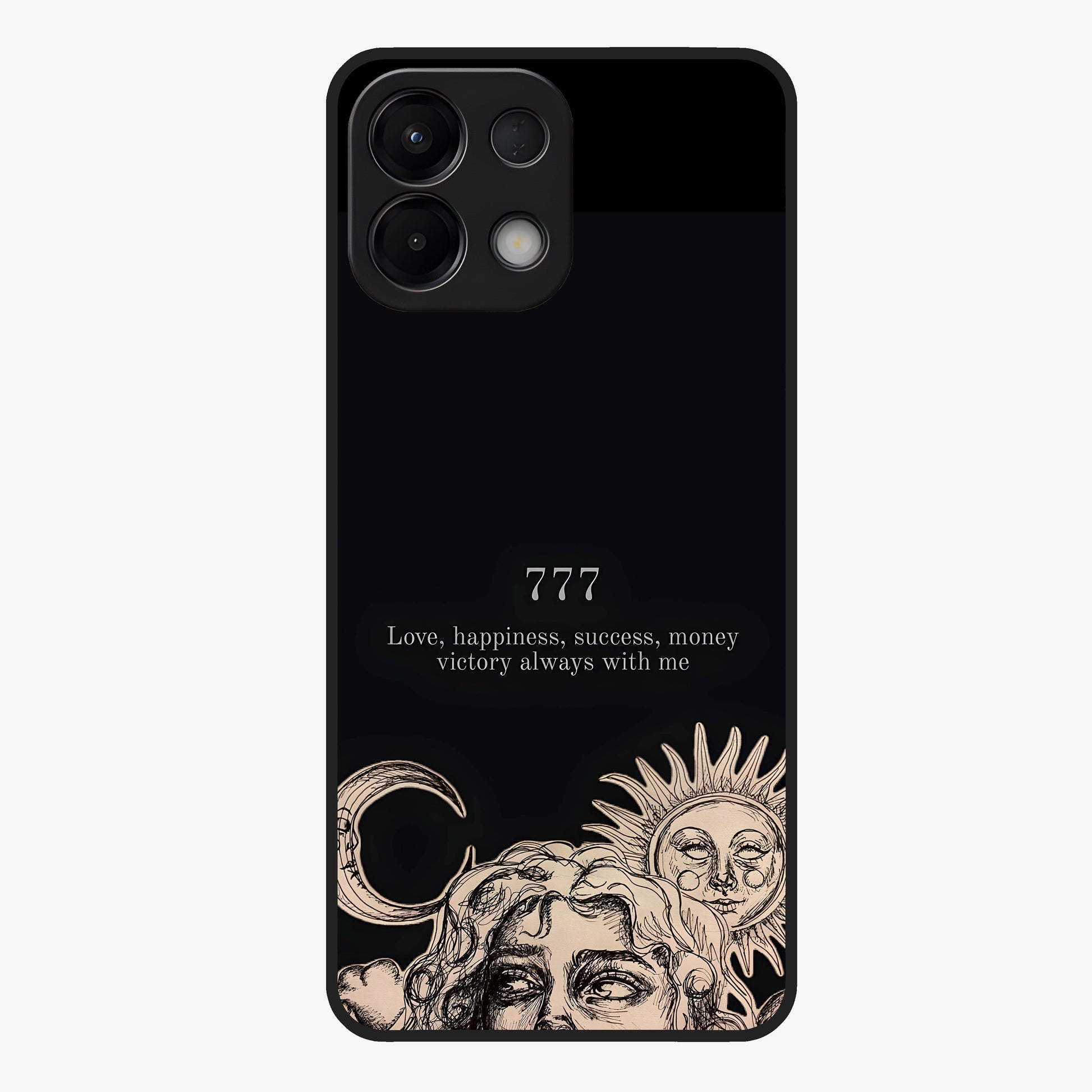 Mystic Victory Aura Glass Case showing flat back view with victory symbol artwork and glossy glass finish.