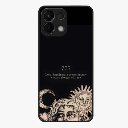 Mystic Victory Aura Glass Case showing flat back view with victory symbol artwork and glossy glass finish.