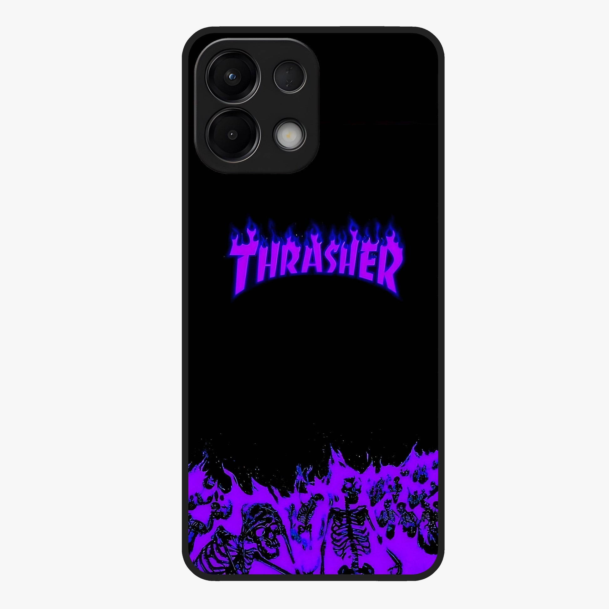 Neon Flame Riot Glass Case showing flat back view with neon flame artwork and glossy glass finish.