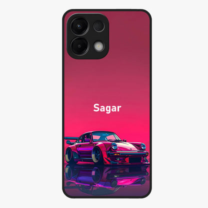 Neon Pink Porsche Glass Case showing flat back view with stylish sports car artwork and glossy glass finish.