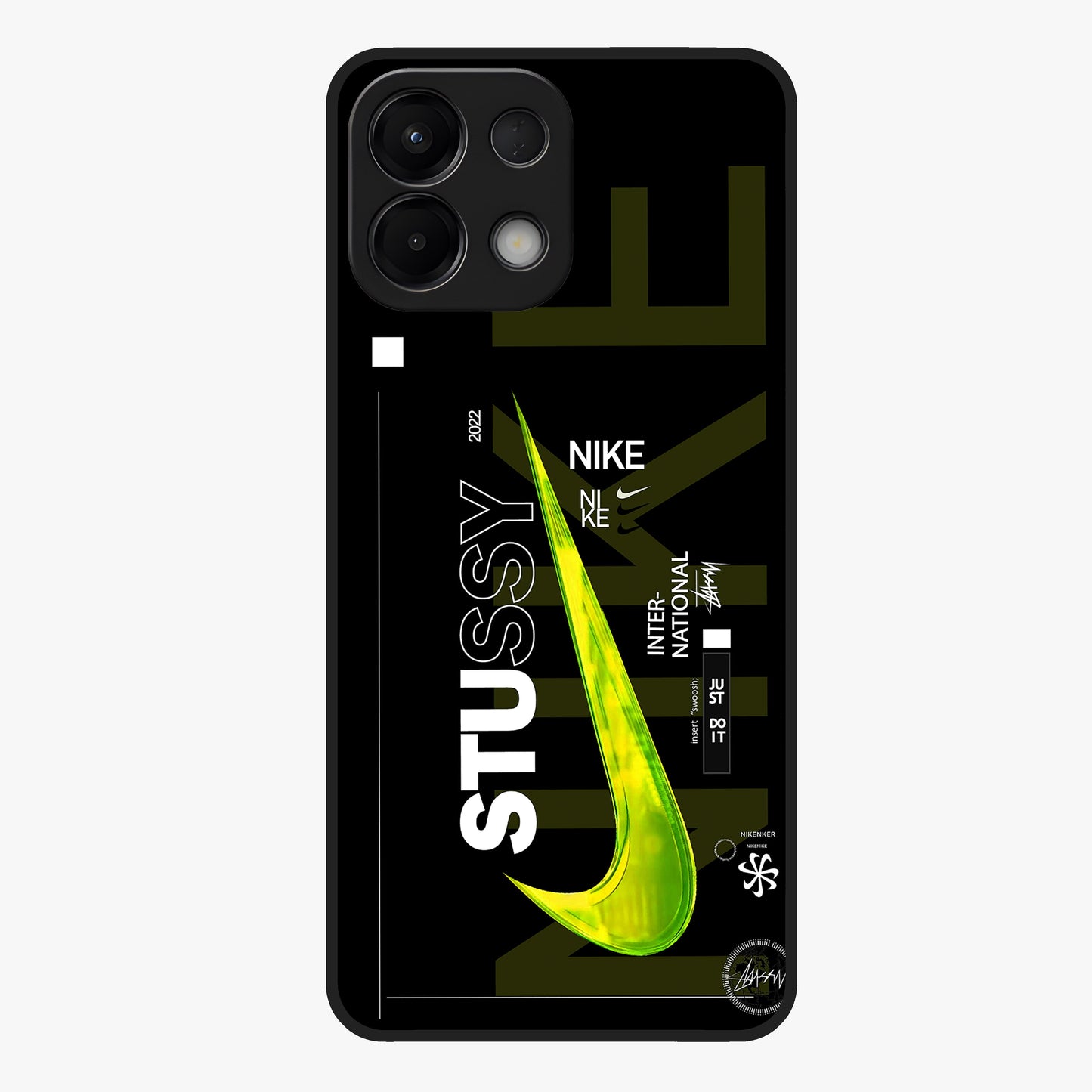 Neon Street Edition Glass Case showing flat back view with neon street style artwork and glossy glass finish.