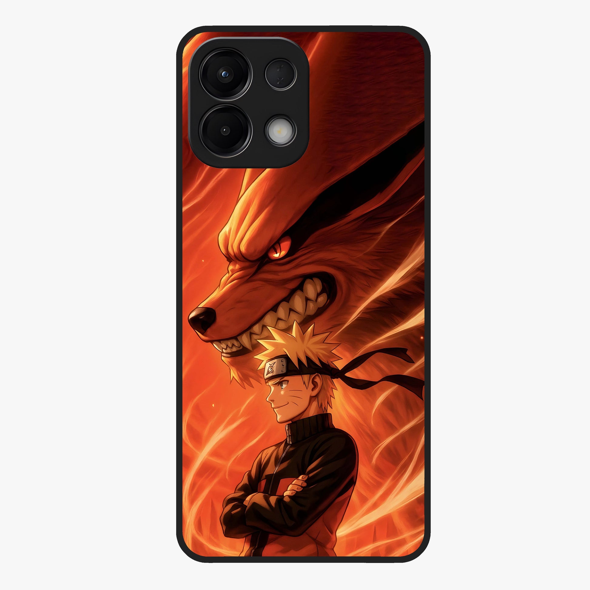 Nine Tails Legacy Glass Case showing flat back view with powerful nine-tailed fox inspired artwork and glossy glass finish.