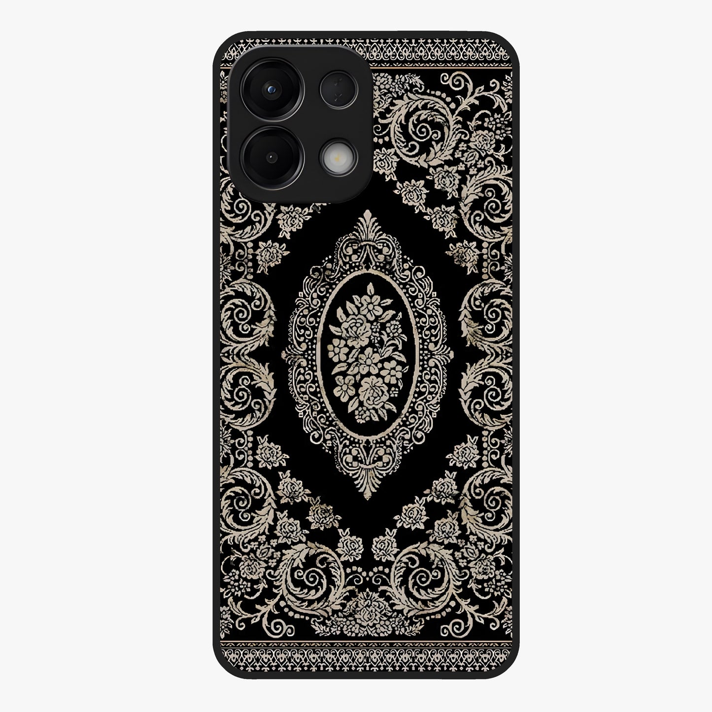 Noir Bloom Elegance Glass Case showing flat back view with elegant dark floral artwork and glossy glass finish.