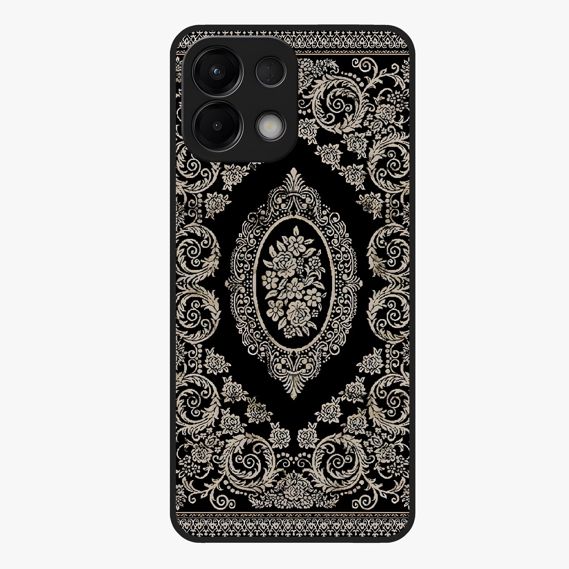 Noir Bloom Elegance Glass Case showing flat back view with elegant dark floral artwork and glossy glass finish.