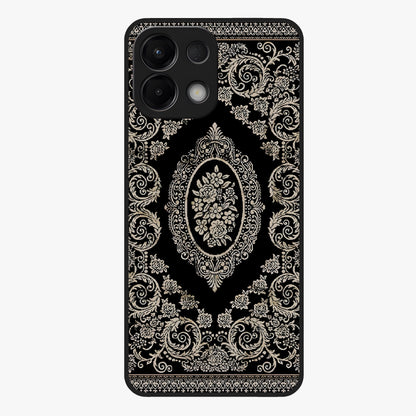 Noir Bloom Elegance Glass Case showing flat back view with elegant dark floral artwork and glossy glass finish.