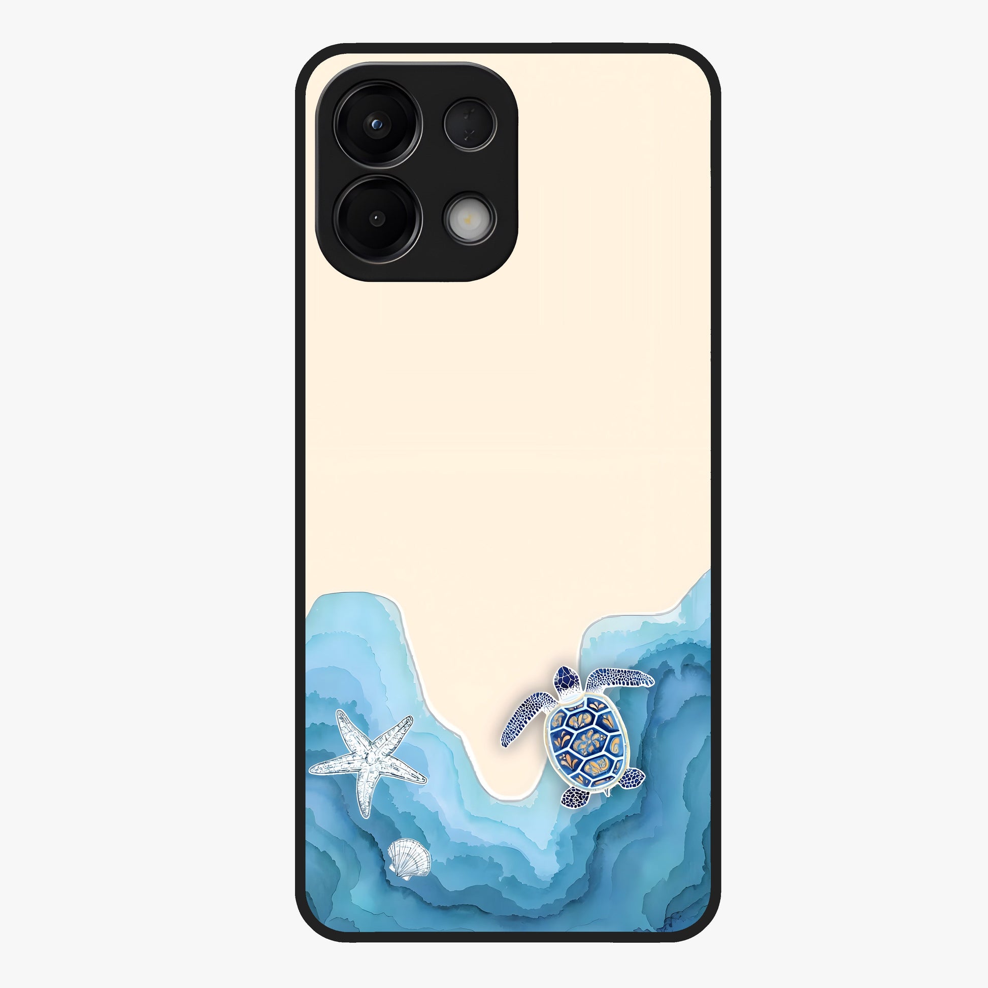 Ocean Drift Turtle Glass Case showing flat back view with sea turtle artwork and glossy glass finish.