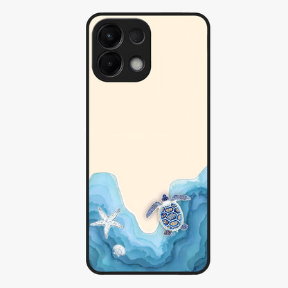 Ocean Drift Turtle Glass Case showing flat back view with sea turtle artwork and glossy glass finish.