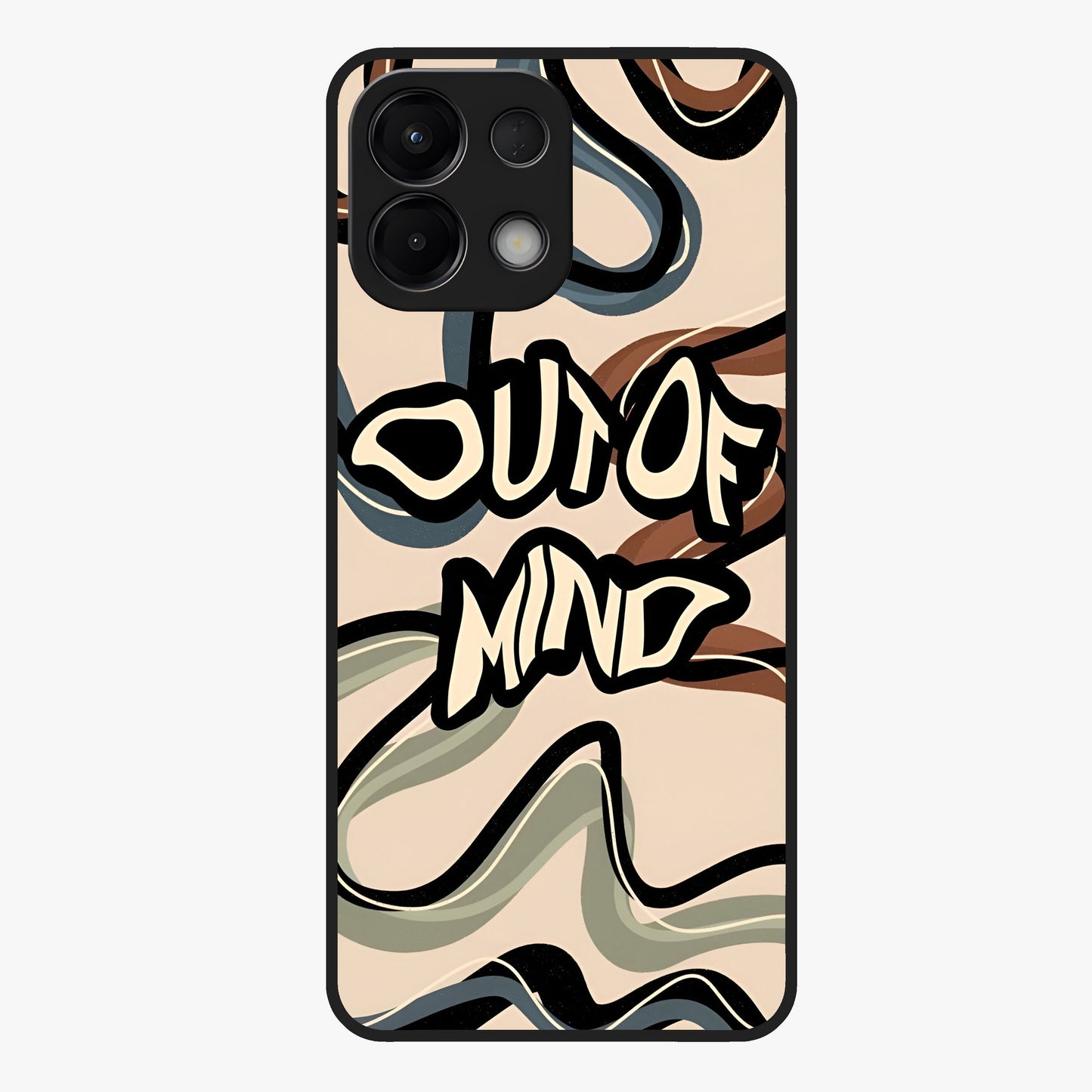 Out Of Mind Glass Case showing flat back view with expressive typography artwork and glossy glass finish.