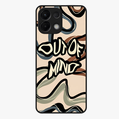 Out Of Mind Glass Case showing flat back view with expressive typography artwork and glossy glass finish.