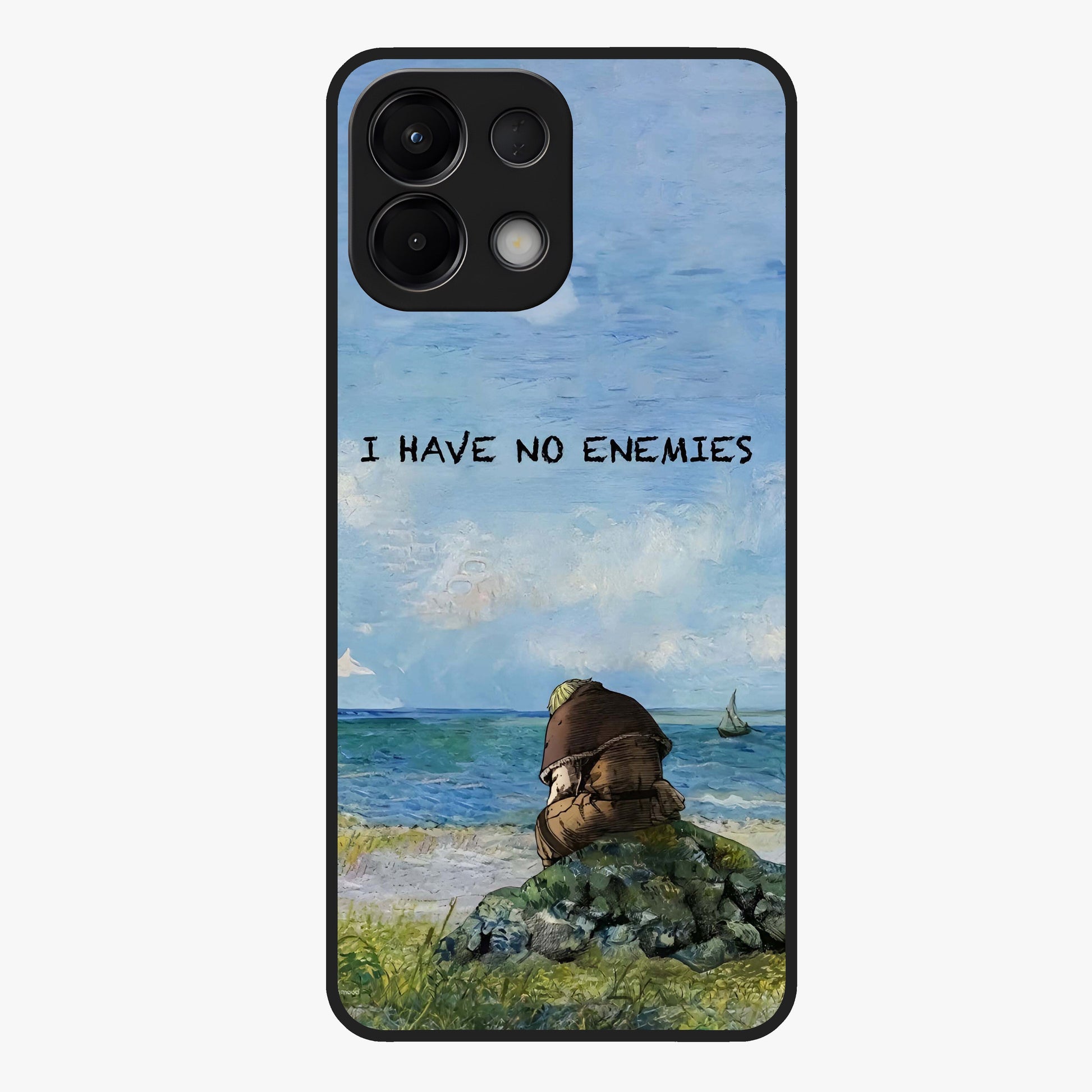 Peace Beyond War Glass Case showing flat back view with symbolic peace themed artwork and glossy glass finish.