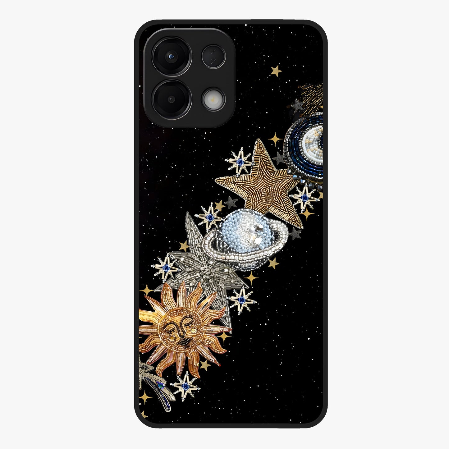 Pearls Universe Object Glass Case showing flat back view with pearl inspired cosmic artwork and glossy glass finish.