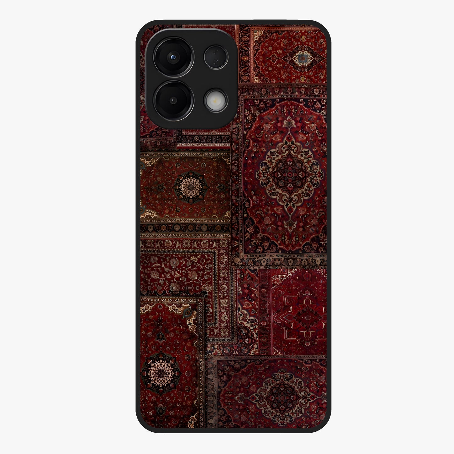 Persian Velvet Tale Glass Case showing flat back view with luxurious Persian velvet pattern artwork and glossy glass finish.