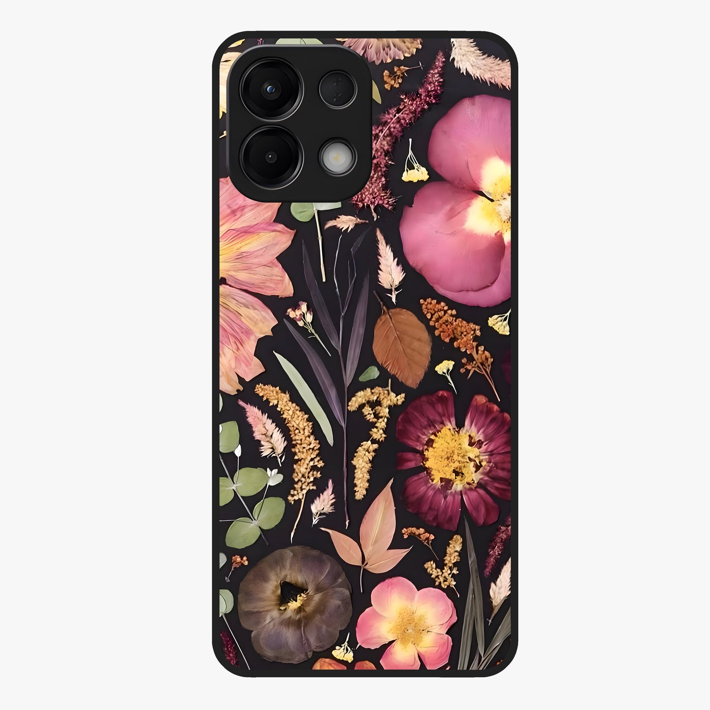 Petal Dream Tapestry Glass Case showing flat back view with intricate floral tapestry artwork and glossy glass finish.