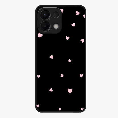 Pink Love Drops Glass Case showing flat back view with playful pink heart drops artwork and glossy glass finish.