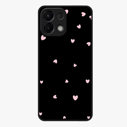 Pink Love Drops Glass Case showing flat back view with playful pink heart drops artwork and glossy glass finish.