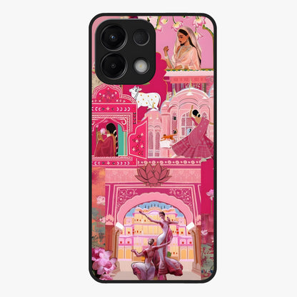 Pink Palace Muse Glass Case showing flat back view with elegant palace inspired artwork and glossy glass finish.