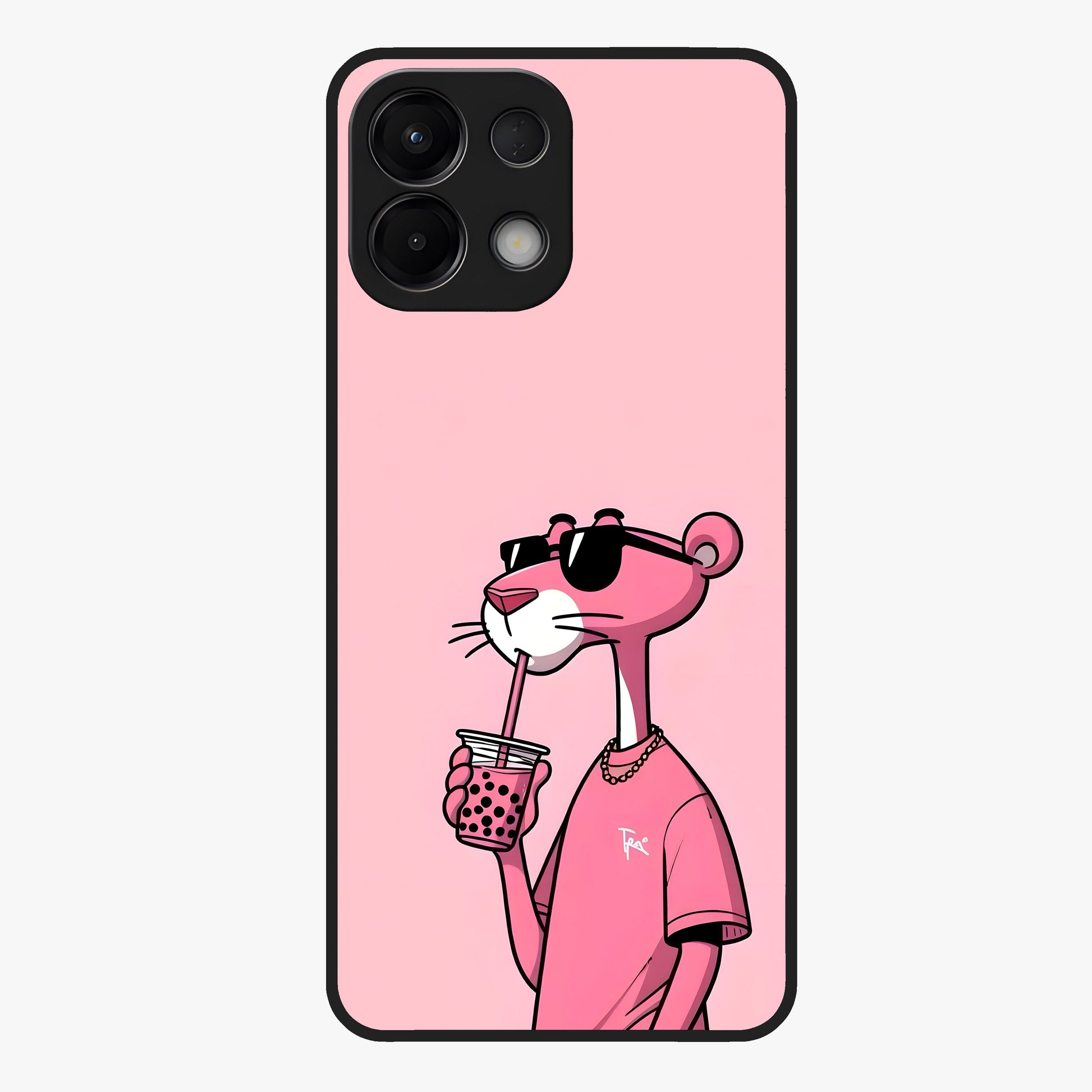 Pink Panther Glass Case showing flat back view with iconic pink panther artwork and glossy glass finish.