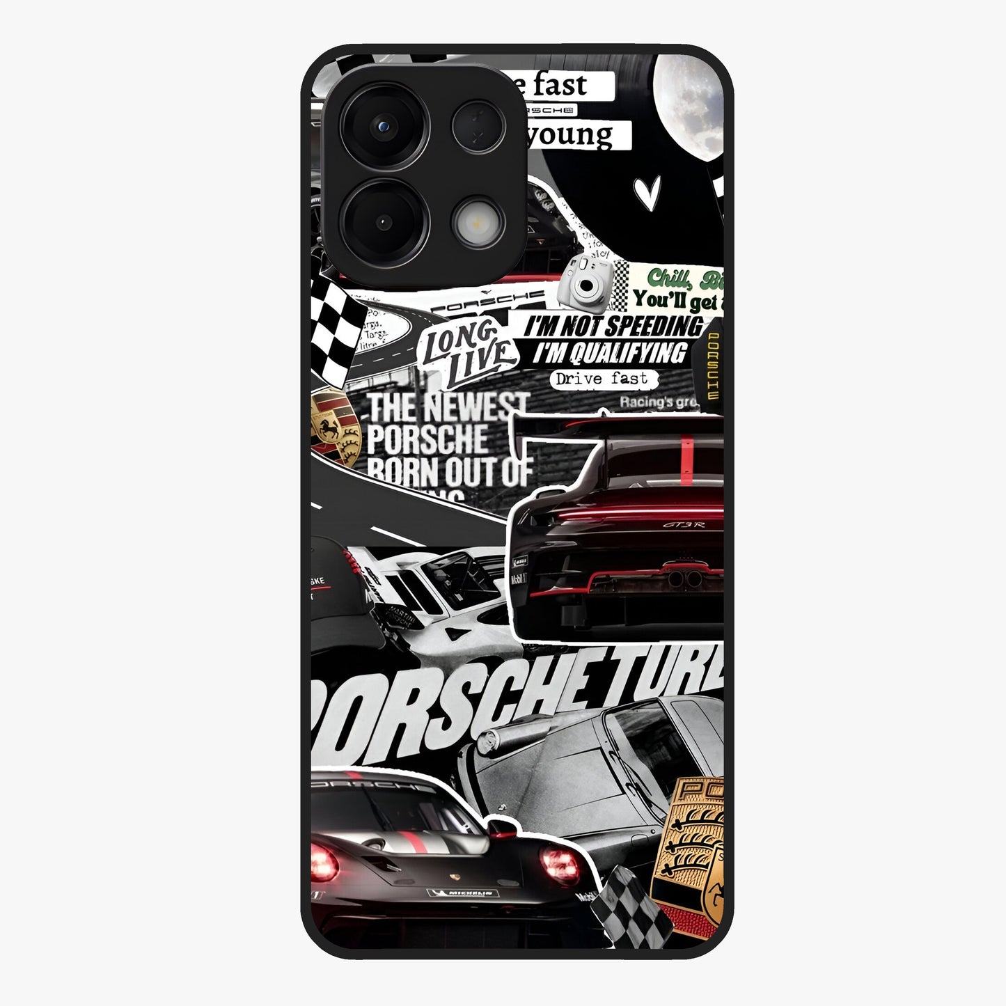 Porsche Racing Collage Glass Case showing flat back view with sports car racing collage artwork and glossy glass finish.